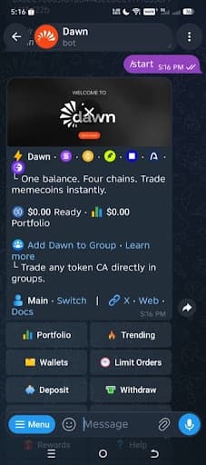 Dawn's main menu after sending /start