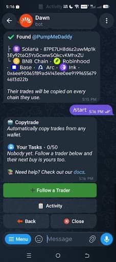 Dawn's Copytrade screen with the Follow a Trader button
