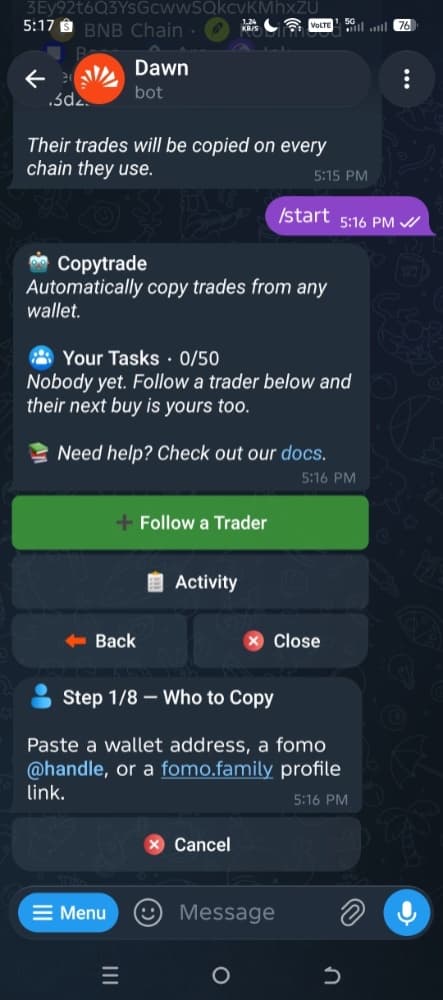 Dawn Copytrade step 1 of 8: paste a wallet address, fomo handle or fomo.family link