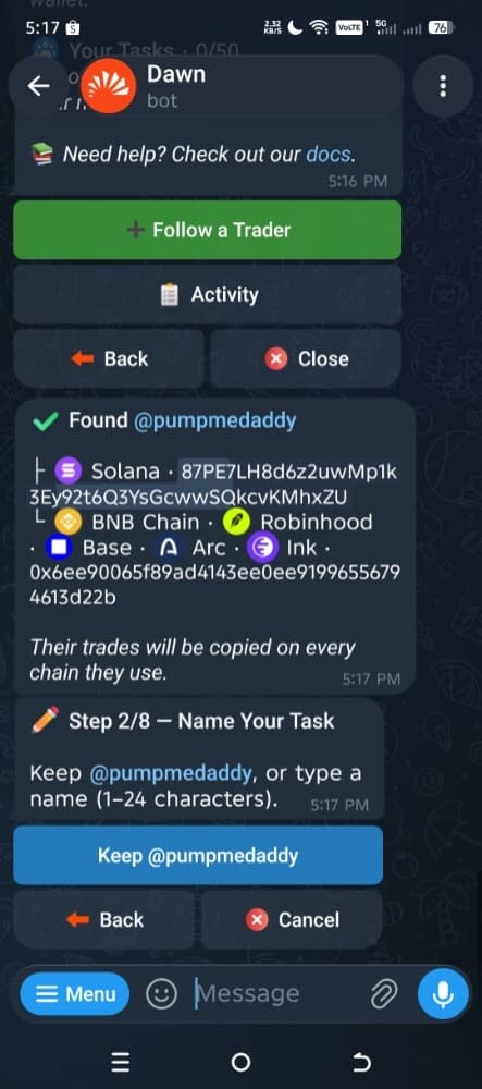 Dawn Copytrade step 2 of 8: name your task