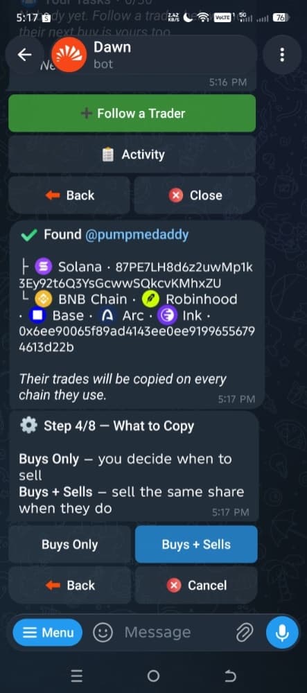 Dawn Copytrade step 4 of 8: Buys Only or Buys + Sells