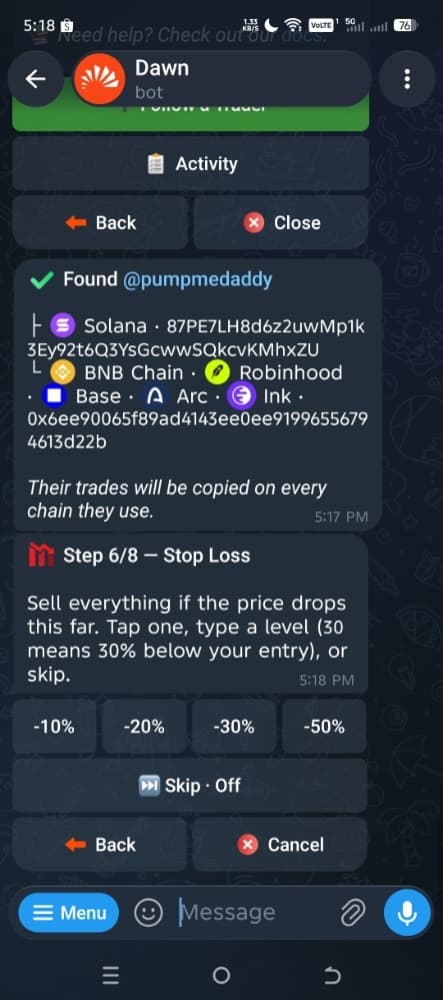 Dawn Copytrade step 6 of 8: stop loss presets