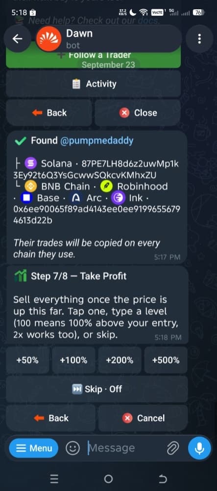 Dawn Copytrade step 7 of 8: take profit presets