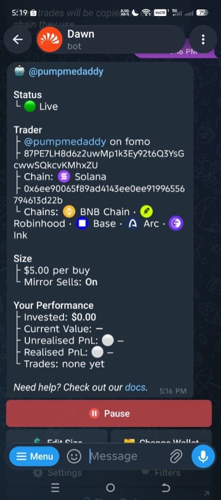 A live Copytrade task in Dawn with its status, size and performance